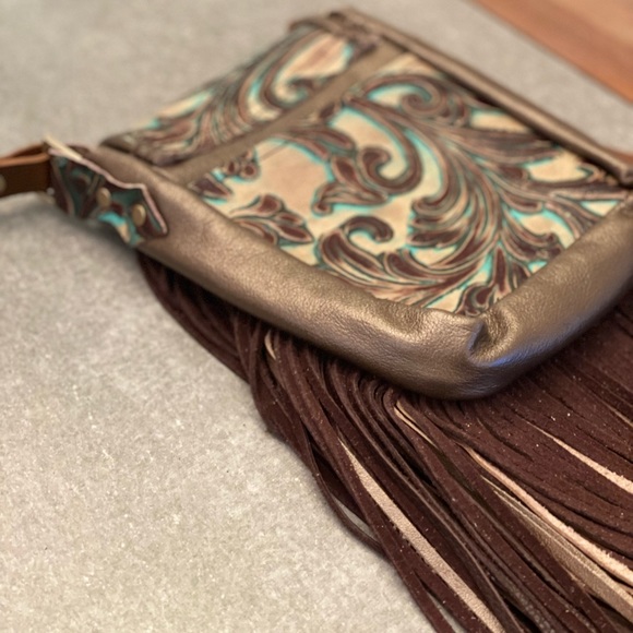 Metallic bronze and accents in turquoise and brown embossed crossbody purse - Picture 6 of 15
